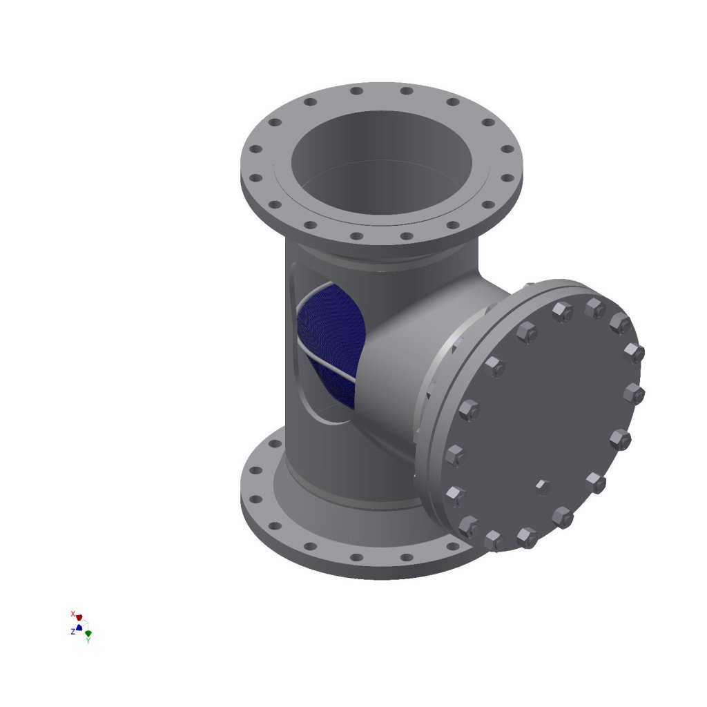 Industrial T strainer with flanged connections and removable screen for protecting pumps and valves from pipeline debris.